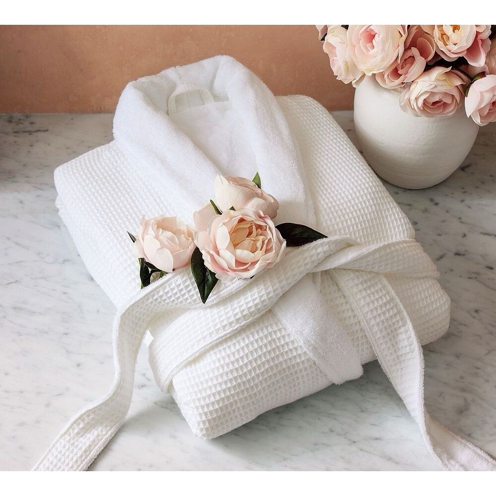 Pottery Barn 100% Organic Cotton Ribbed Spa Robe White L Made in Turkey lined